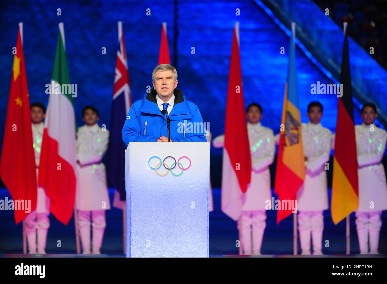 Beijing, China. 20th Feb, 2022. Caption: Olympics, Closing Ceremony of the 2022 Winter Olympic Games, at the Bird's Nest National Stadium, Thomas Bach, President of the IOC, speaks. Credit: Michael Kappeler/dpa/Alamy Live News Stock Photo