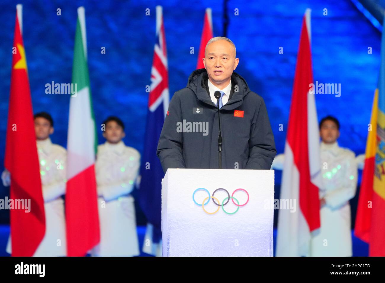 Beijing, China. 20th Feb, 2022. Caption: Olympics, Closing Ceremony of the 2022 Winter Olympic Games, at the Bird's Nest National Stadium, Cai Qi, Chairman of the 2022 Games Organizing Committee, speaks. Credit: Michael Kappeler/dpa/Alamy Live News Stock Photo