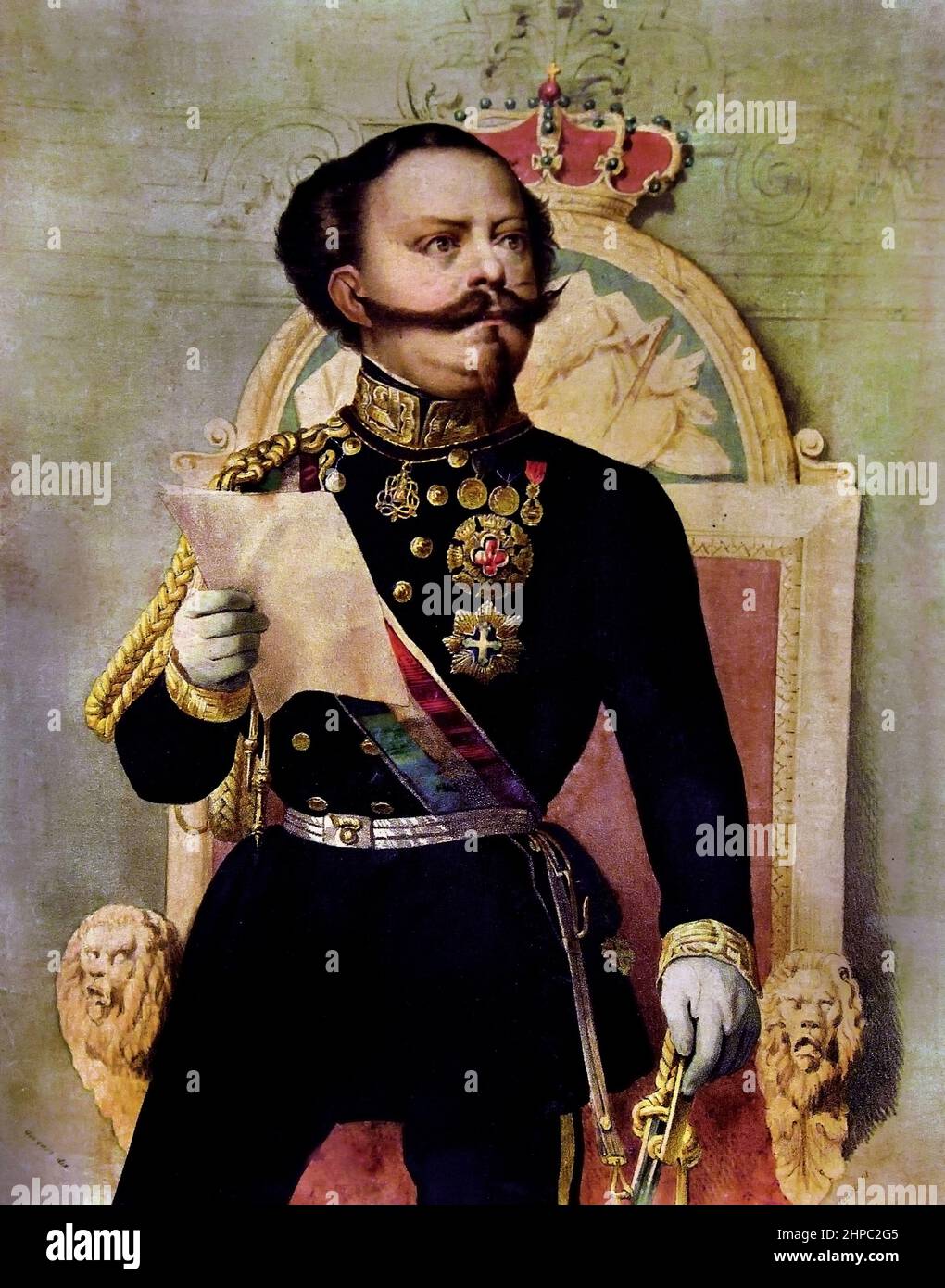 Vittorio Emanuele II in the act of delivering his royal speech,   ( Unification and the creation of the Kingdom of Italy.) Stock Photo