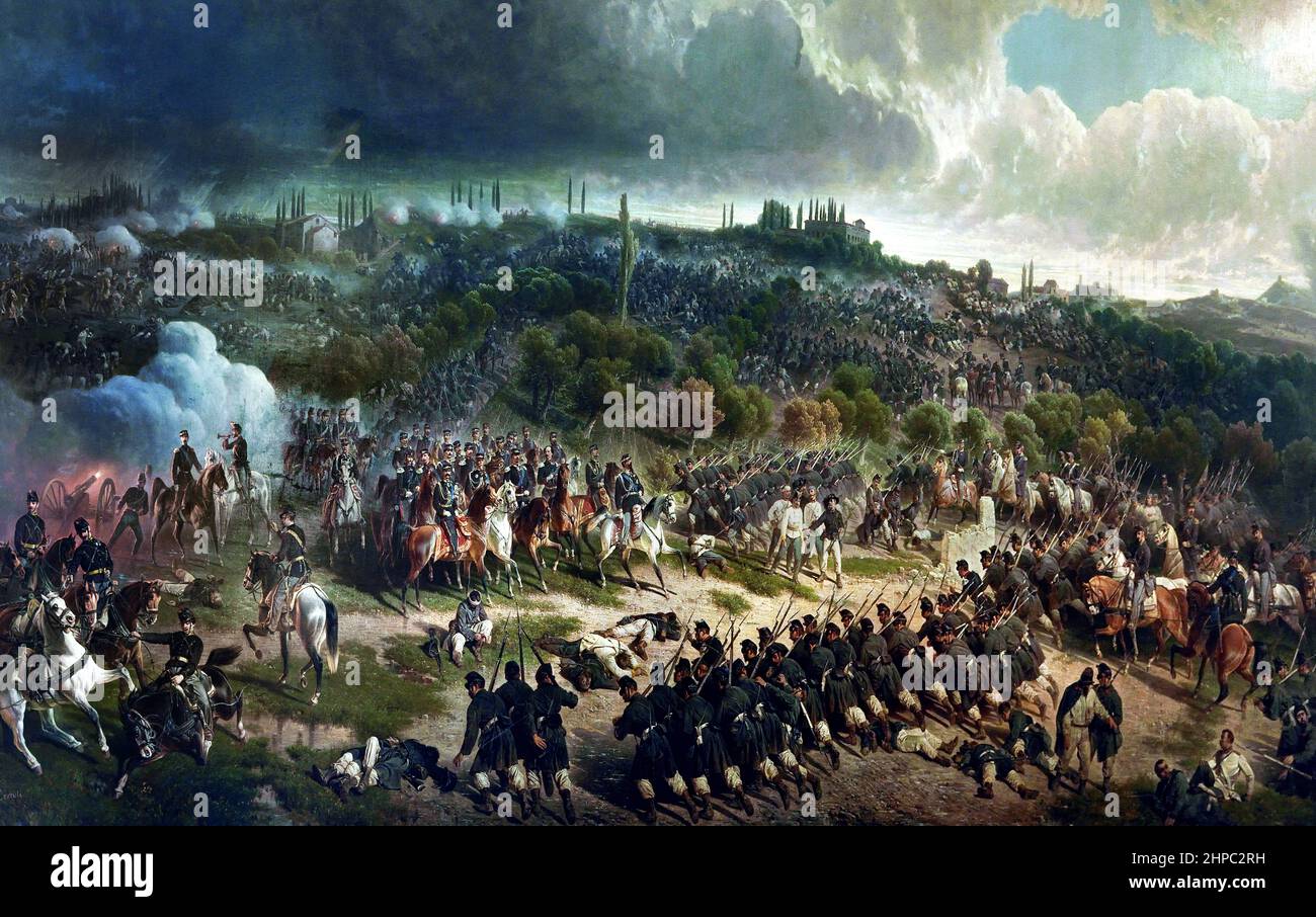 The battle of San Martino. The taking of the Controcania (June 24th 1859) The battle of San Martino was fought by the Piedmontese against the right flank of the Austrian line-up on June 24th 1859, on the same day the French were engaging most of the enemy force at Solferino. The most furious fighting of all the Unification wars took place on that day. Italy ,Italian. Stock Photo