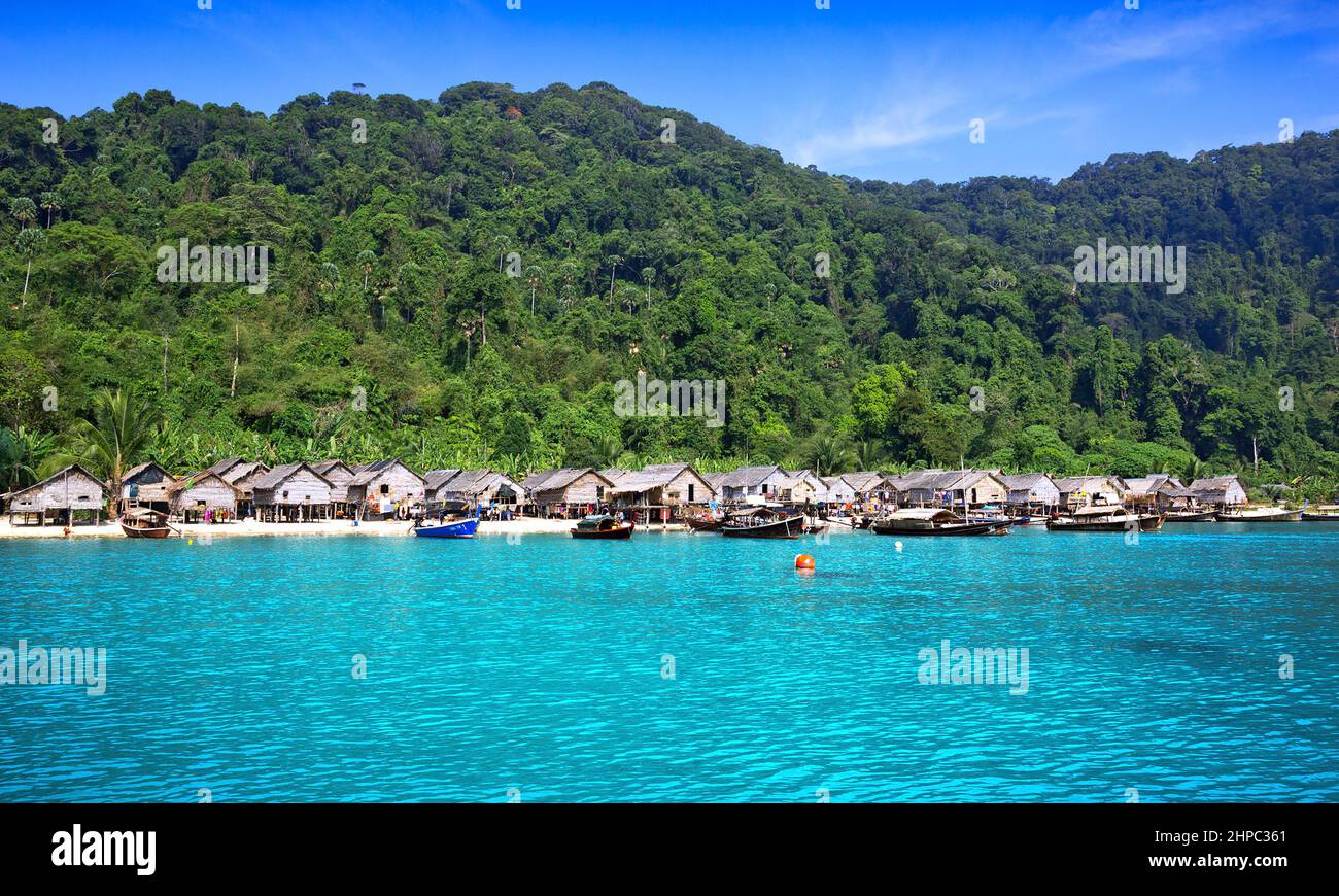 House by the sea Moken on the Surin Islands in Thailand. Stock Photo
