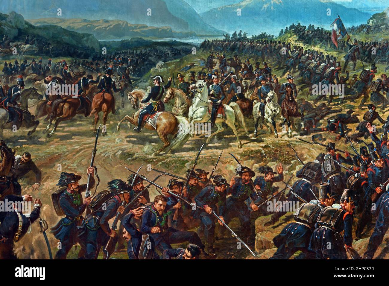 Charge of Pastrengo - First War of Independence, Charles Albert of Savoy at Pastrengo on April 30 1848, by painter Vincenzo Giacomelli, 1855  The first War of Independence , fought by the Kingdom of Sardinia and by Italian volunteers against the Austrian Empire and other conservative nations from 23 March 1848 to 22 August 1849. Stock Photo