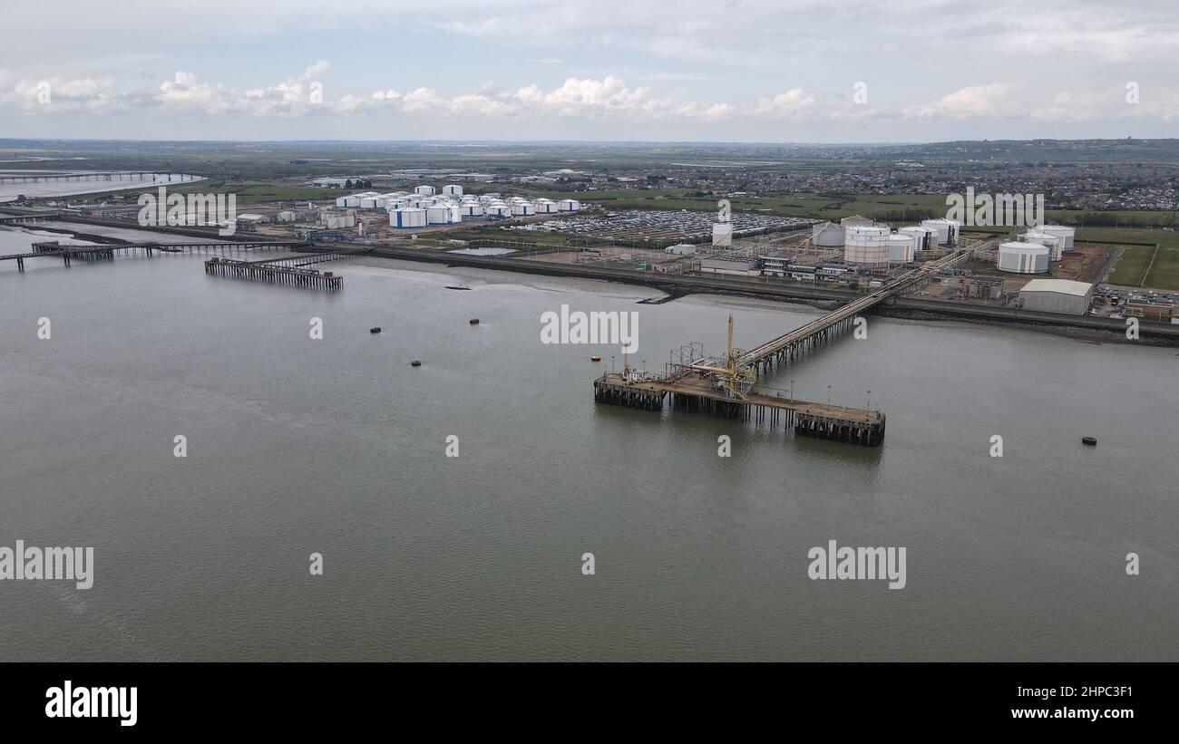 Oikos Storage Ltd Canvey island Essex drone aerial view from river Thames Stock Photo