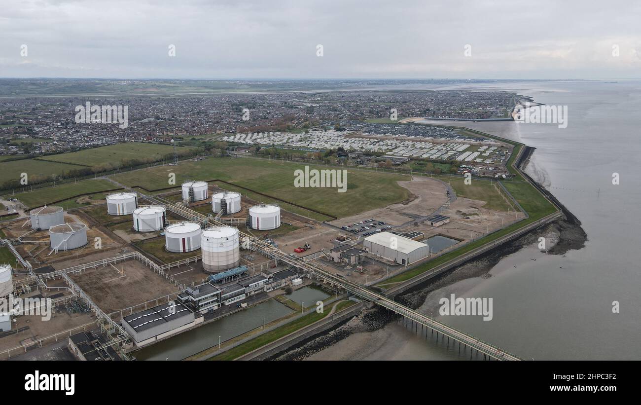 Oil Storage Canvey Island Essex UK drone aerial view Stock Photo