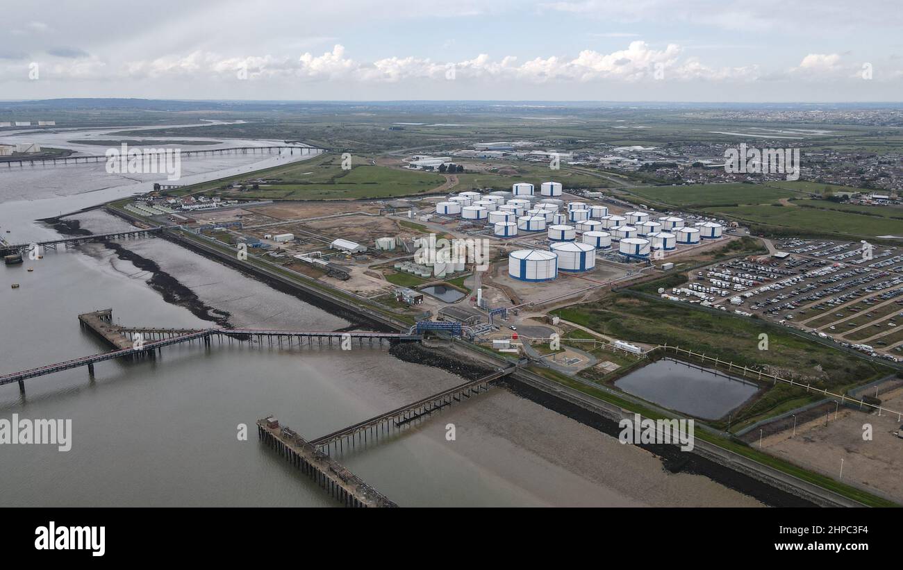 Oil Storage Canvey Island Essex UK drone aerial view Stock Photo