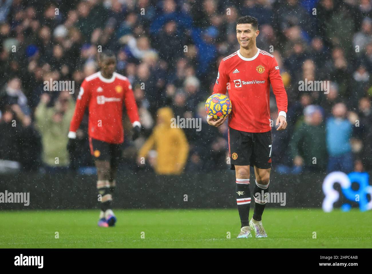 Cristiano Ronaldo #7 of Manchester United smiles as he is jeered buy the Leeds United fans in, on 2/20/2022. (Photo by Mark Cosgrove/News Images/Sipa USA) Credit: Sipa USA/Alamy Live News Stock Photo