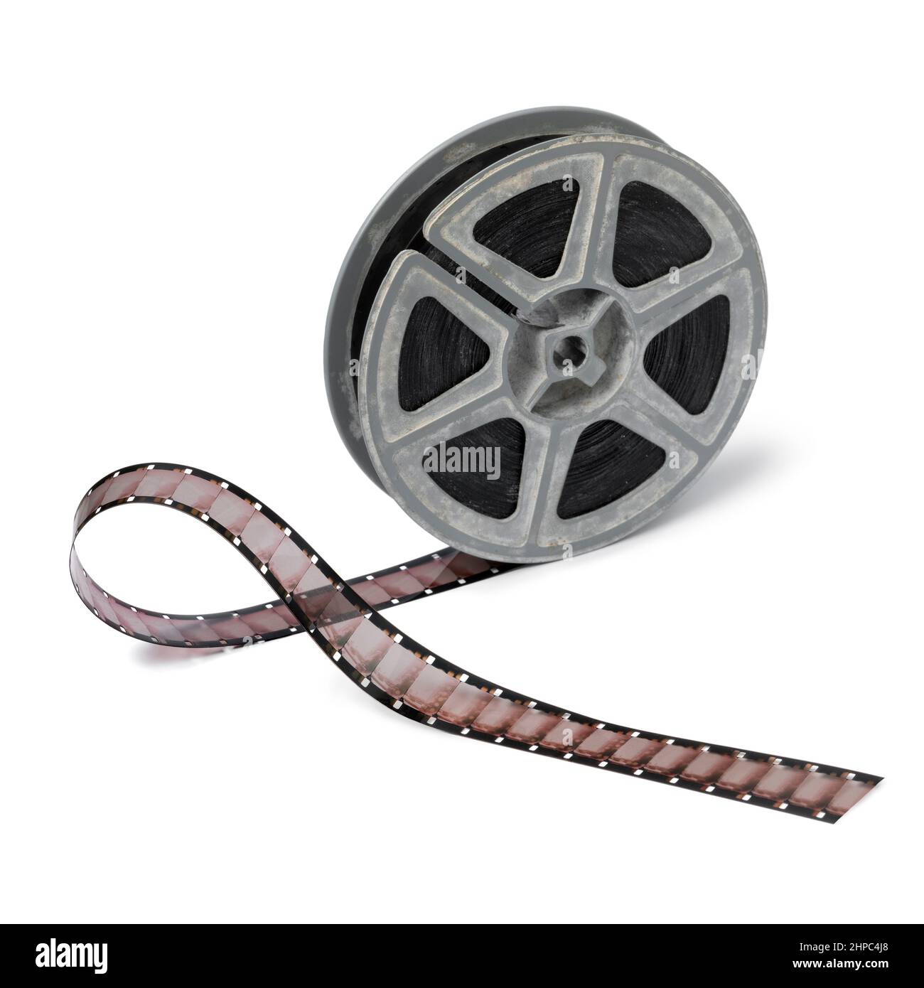 Vintage 16mm film reel and film on white background isolated on white background Stock Photo