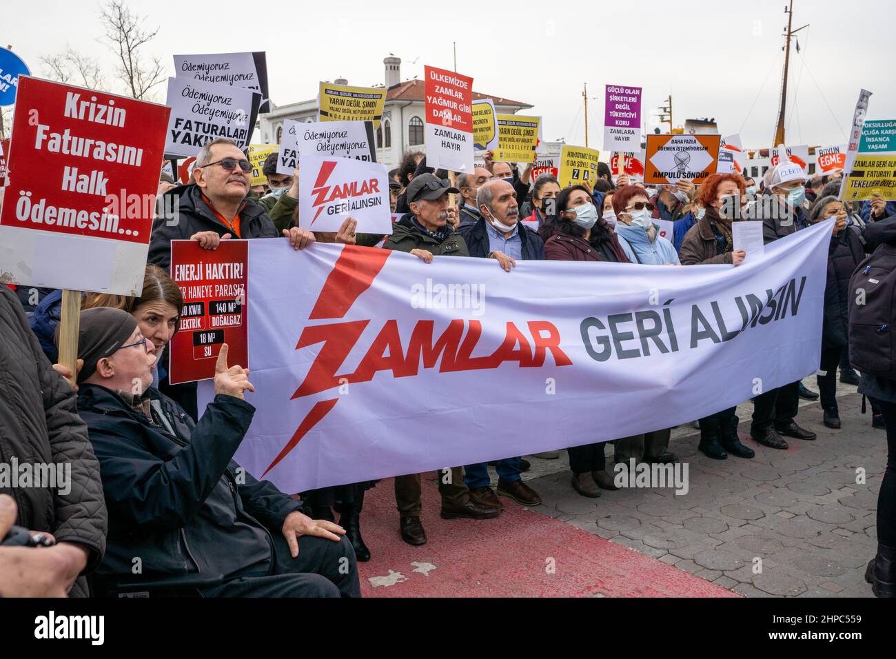February 20, 2022: Citizens, who came together in Kadikoy Square with the call made by many political parties, mass organizations and associations in Istanbul Kadikoy, demanded that the price hikes be withdrawn and the energy companies nationalized, saying ''We can't get through'' on February 20, 2022. In the speeches, it was demanded that the price hikes be withdrawn and that the energy companies should be nationalized. On the other hand, the slogan of 'This cannot be lived with the price hikes, let the price hikes be taken back'' was chanted in the field. Stock Photo