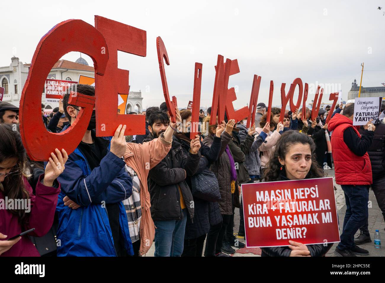 February 20, 2022: Citizens, who came together in Kadikoy Square with the call made by many political parties, mass organizations and associations in Istanbul Kadikoy, demanded that the price hikes be withdrawn and the energy companies nationalized, saying ''We can't get through'' on February 20, 2022. In the speeches, it was demanded that the price hikes be withdrawn and that the energy companies should be nationalized. On the other hand, the slogan of 'This cannot be lived with the price hikes, let the price hikes be taken back'' was chanted in the field. Stock Photo
