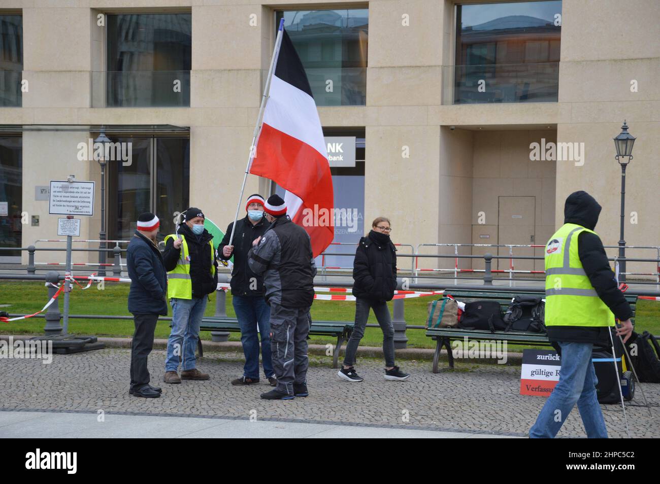 'Reich citizens' demonstrated in front of The Embassy of The United States of America at Pariser Platz in Berlin, Germany. 'Reich citizens'  rejict the legitimacy of the modern German state, The Federal Republic of Germany, in favour of the German Reich, which existed from 1871 to 1945. Stock Photo