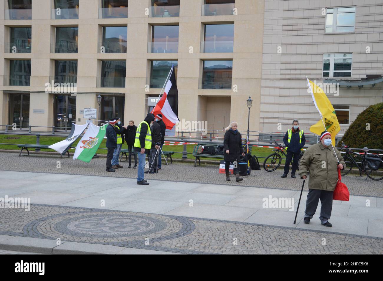 'Reich citizens' demonstrated in front of The Embassy of The United States of America at Pariser Platz in Berlin, Germany. 'Reich citizens'  rejict the legitimacy of the modern German state, The Federal Republic of Germany, in favour of the German Reich, which existed from 1871 to 1945. Stock Photo