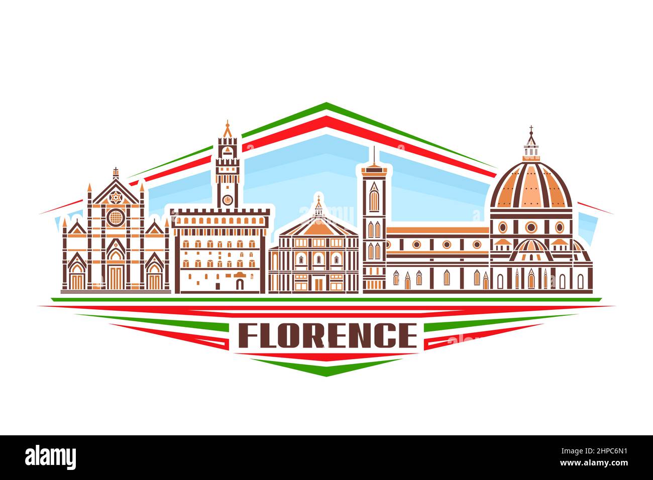 Vector illustration of Florence, horizontal sign with linear design famous florence city scape on day sky background, european urban line art concept Stock Vector