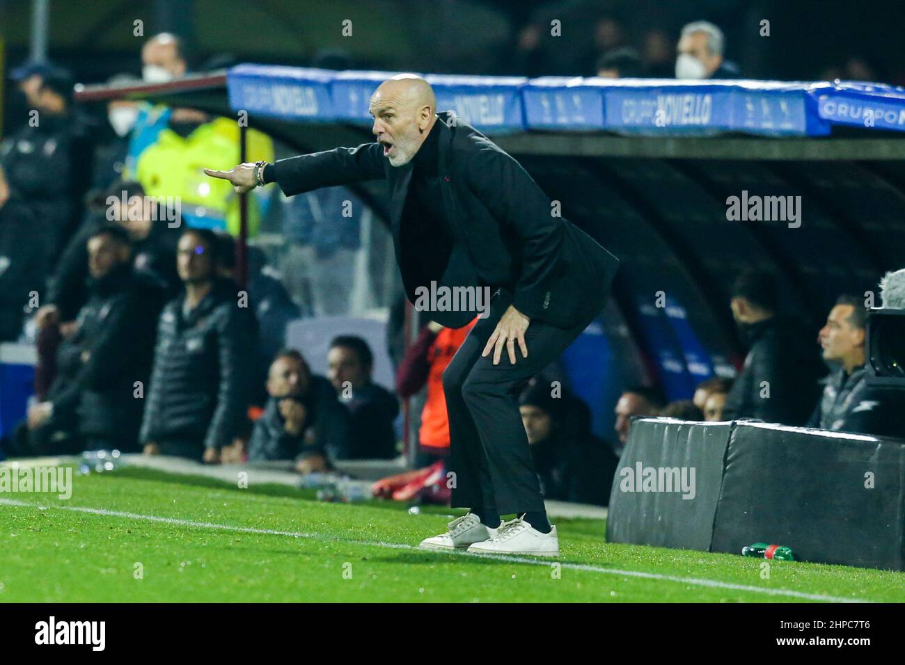 Milan’s italian coach Stefano Pioli gesticulate during the Serie A football match between Salernitana and  Milan  at the Arechi Stadium in Salerno, southern Italy, on February 19, 2022. Stock Photo