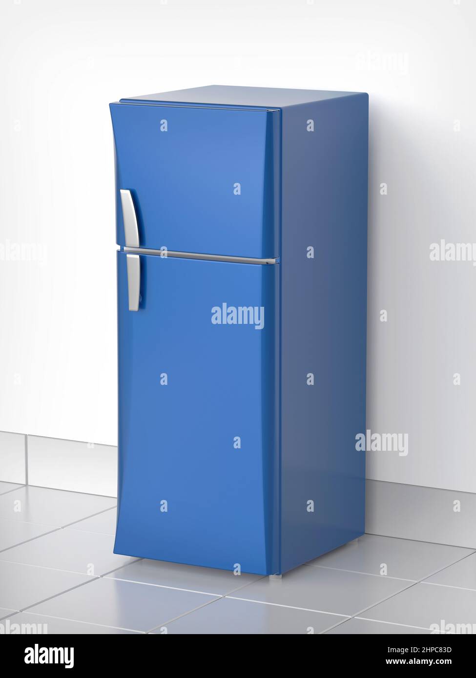 Modern blue refrigerator in the kitchen Stock Photo Alamy