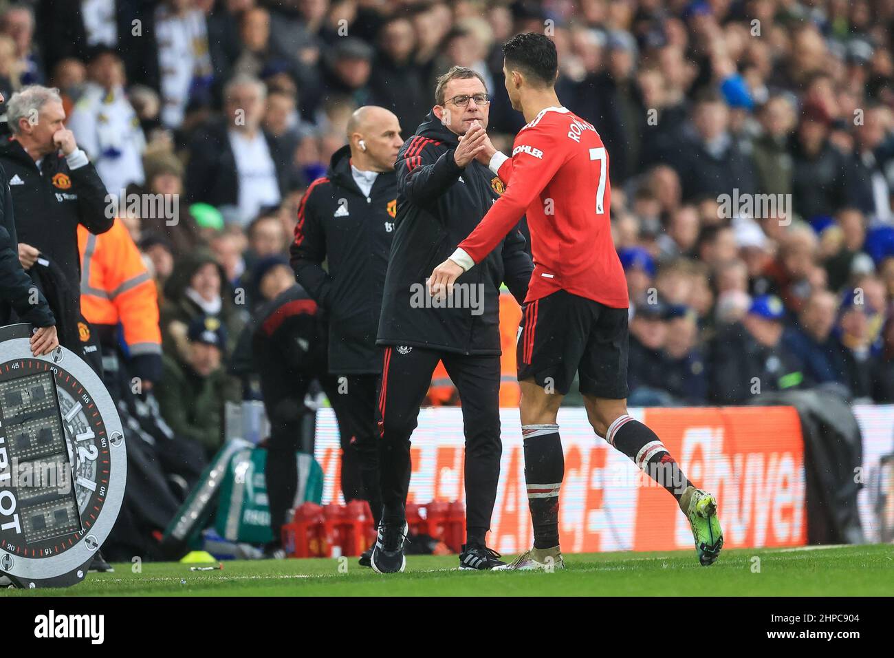 Ralf Rangnick manager of Manchester United shakes hands with Cristiano Ronaldo #7 as he comes off the field in ,  on 2/20/2022. (Photo by Mark Cosgrove/News Images/Sipa USA) Stock Photo