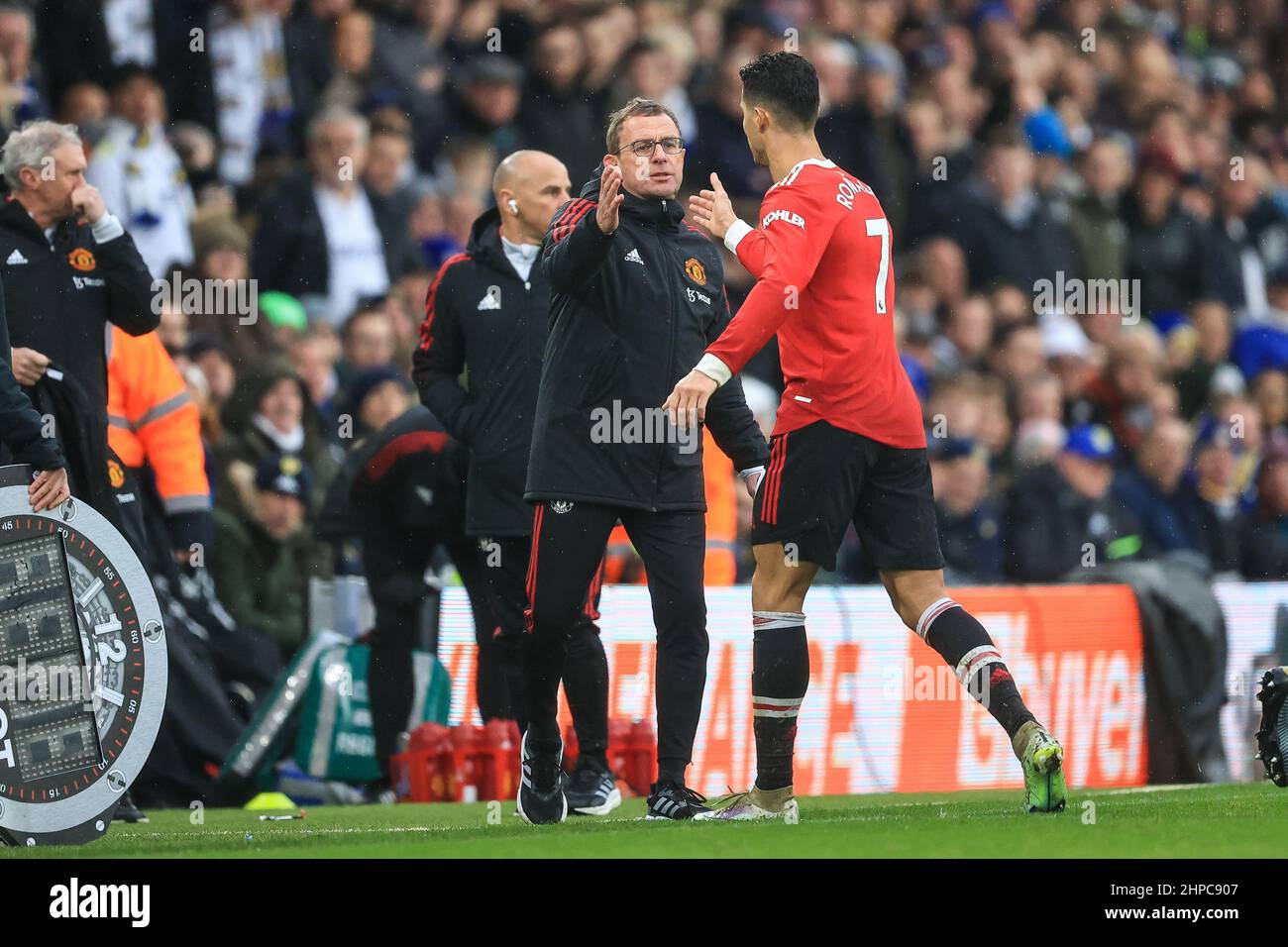Ralf Rangnick manager of Manchester United shakes hands with Cristiano Ronaldo #7 as he comes off the field in ,  on 2/20/2022. (Photo by Mark Cosgrove/News Images/Sipa USA) Stock Photo