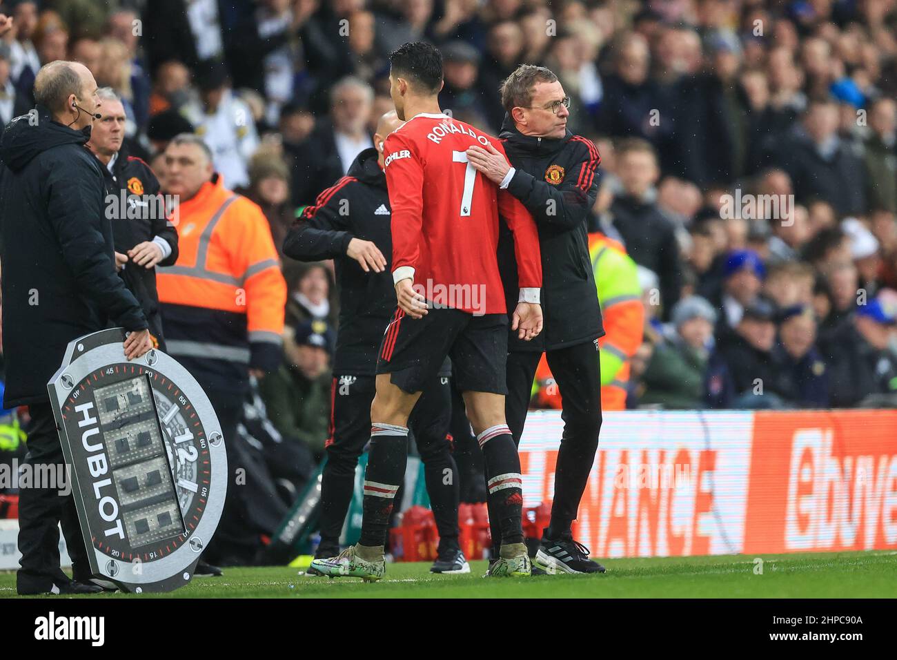 Ralf Rangnick manager of Manchester United pats Cristiano Ronaldo #7 on the back as he comes off the field in ,  on 2/20/2022. (Photo by Mark Cosgrove/News Images/Sipa USA) Stock Photo