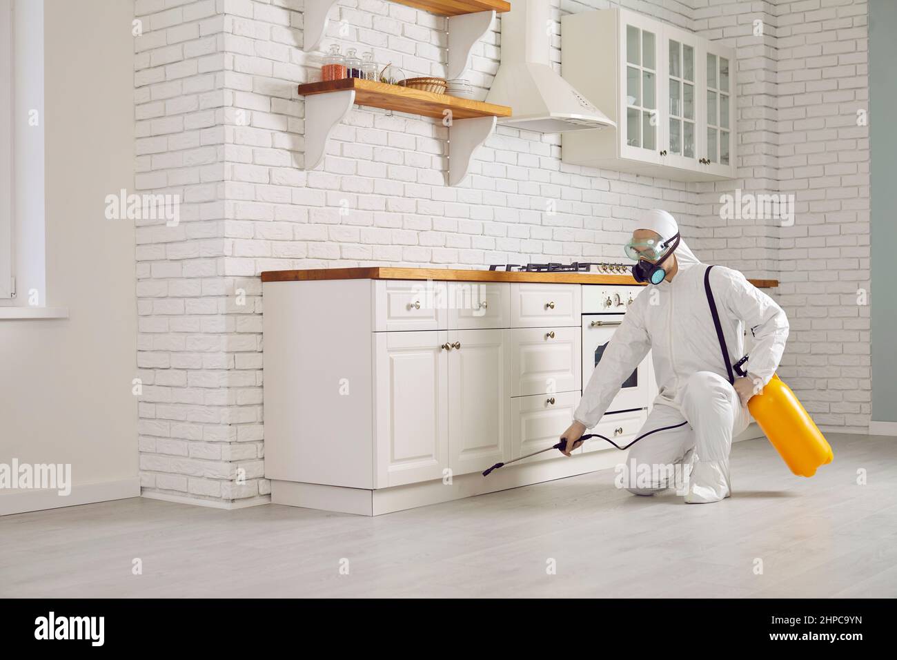 Pest control exterminator spraying chemical to get rid of insects