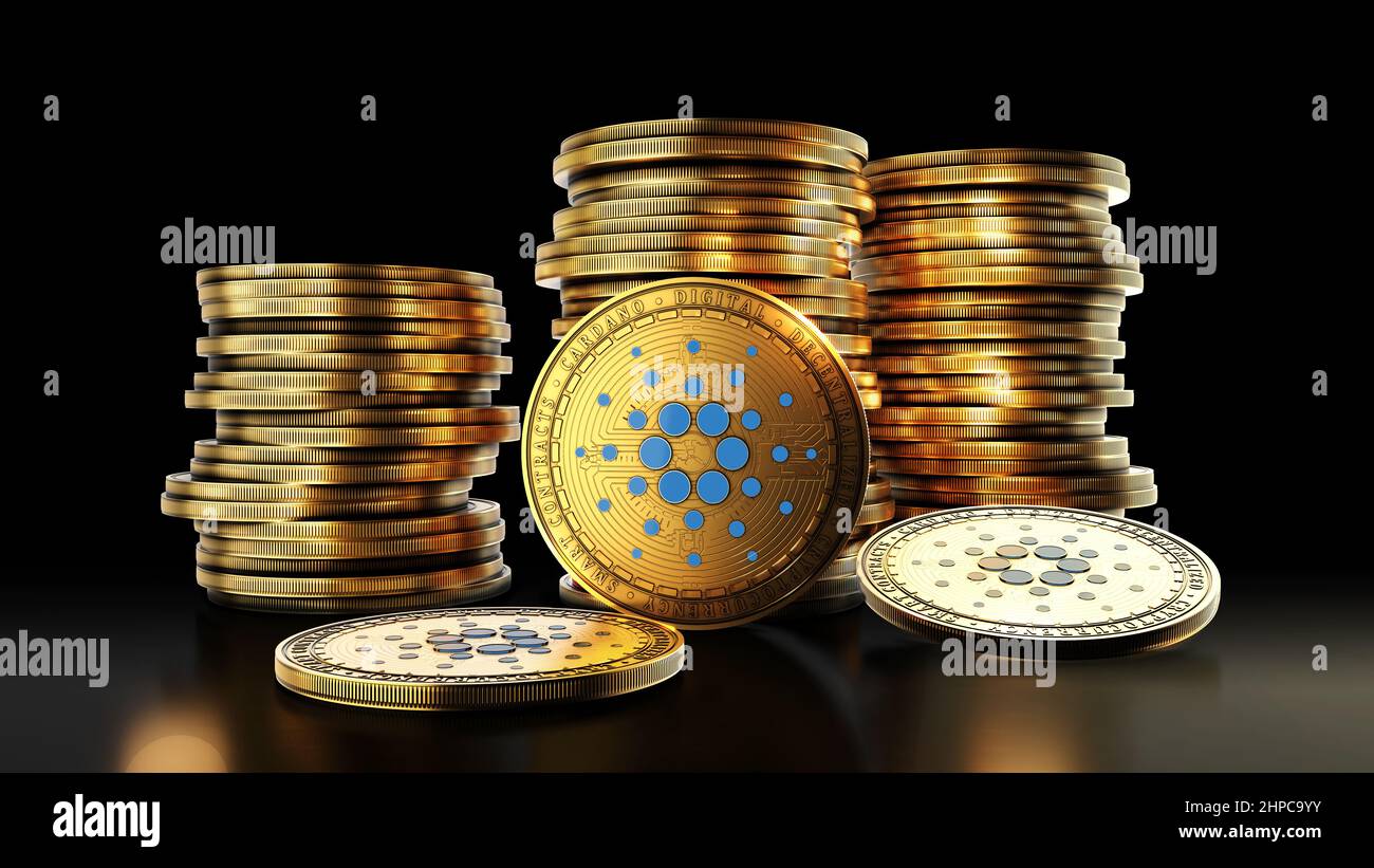 Cardano with group of coins on the black background. Decentralized digital cryptocurrency symbol. 3D illustration. Stock Photo