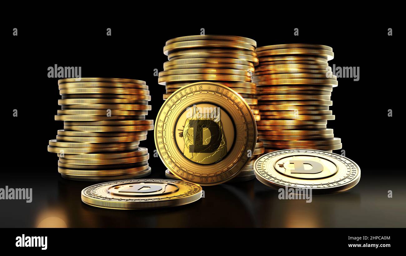Doge with group of coins on the black background. Decentralized digital cryptocurrency symbol. 3D illustration. Stock Photo