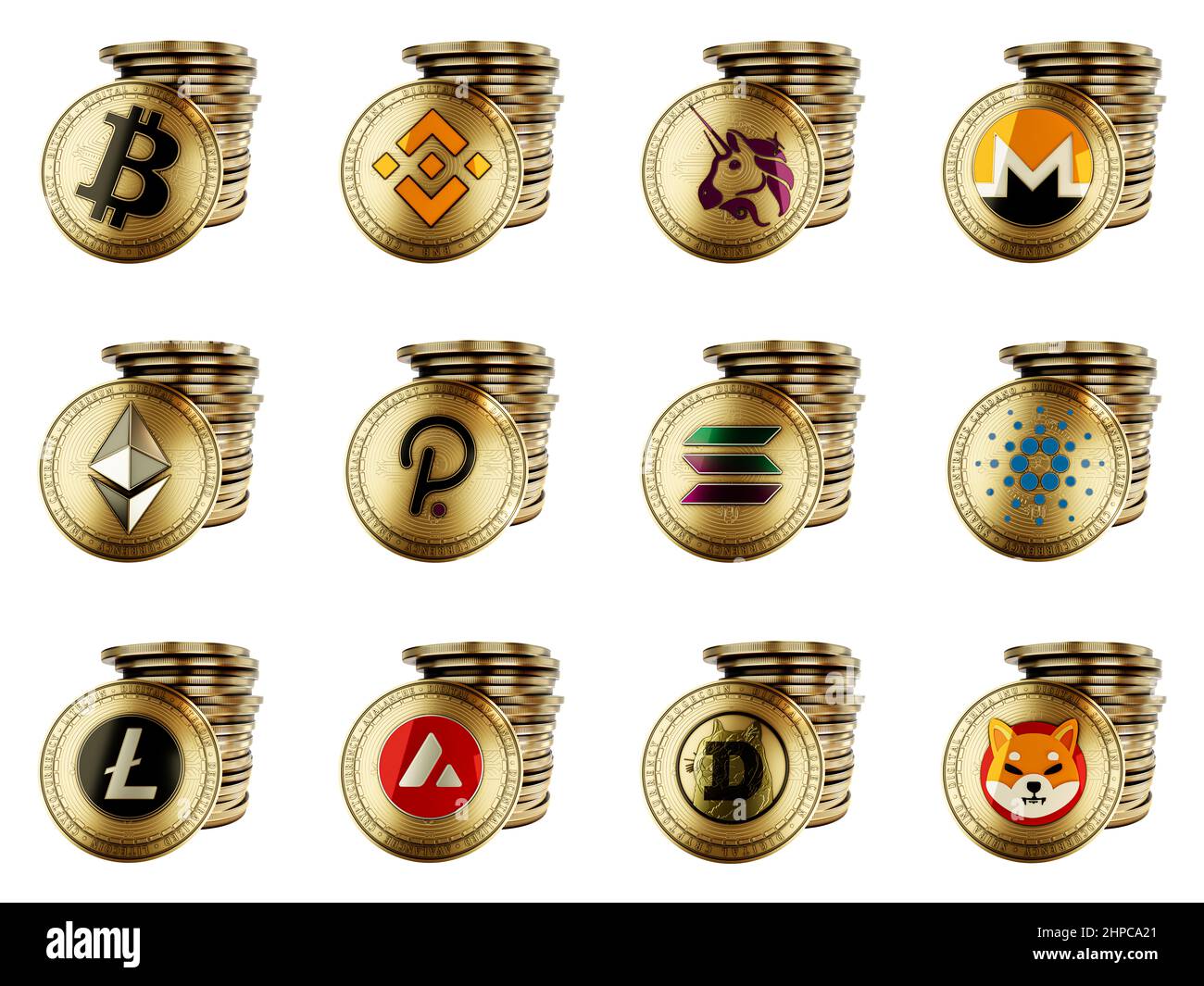 Set of the most known decentralized digital crypto currency coins isolated on the white background. 3D illustration. Stock Photo