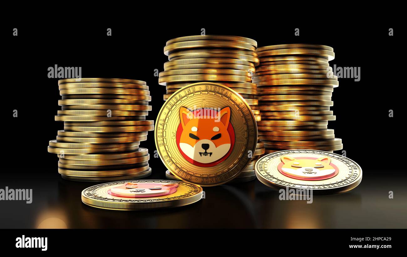Shiba Inu with group of coins on the black background. Decentralized digital cryptocurrency symbol. 3D illustration. Stock Photo