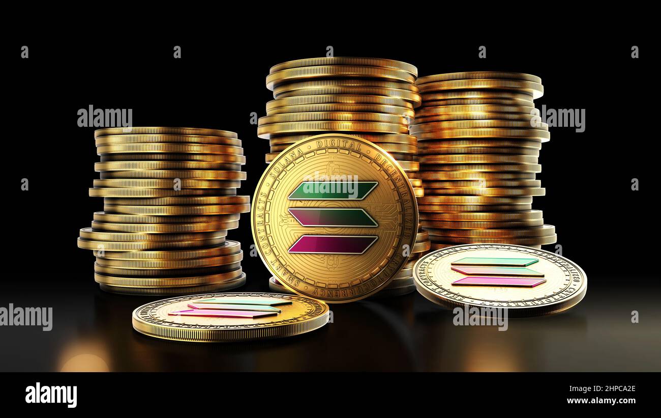 Solana with group of coins on the black background. Decentralized digital cryptocurrency symbol. 3D illustration. Stock Photo