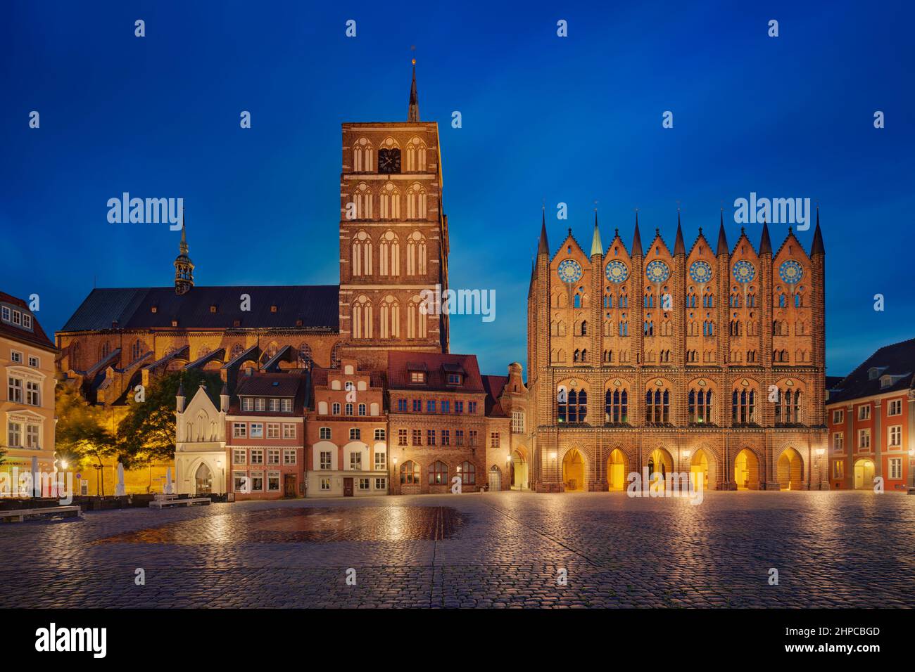 Stralsund Alter Markt Square with the city hall and the St. Nicholas Church Stock Photo