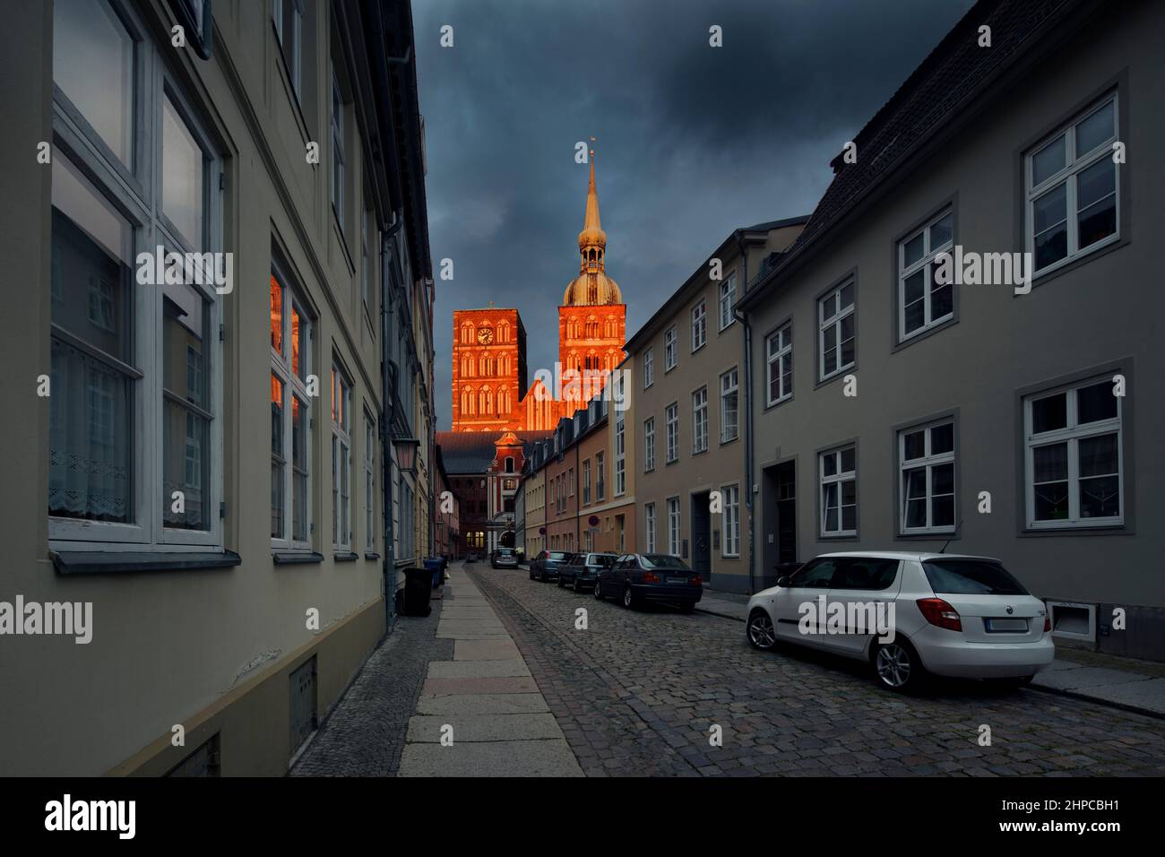 Stralsund Ravensberger Street and The two Gothic bell towers of the St ...