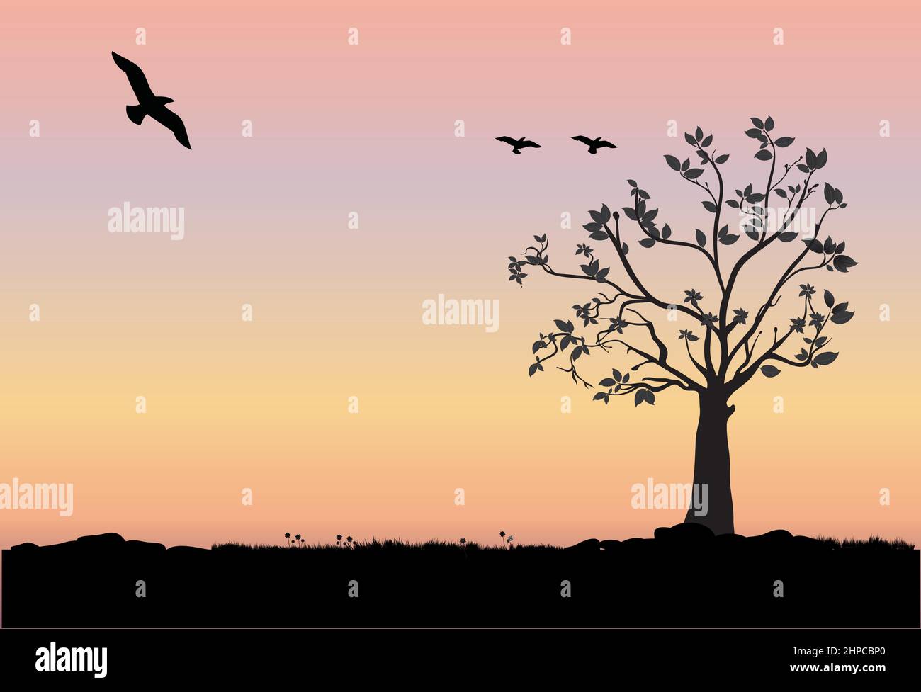 silhouette of a tree, flowers and grass with birds and a butterfly and a sunset background Stock Vector