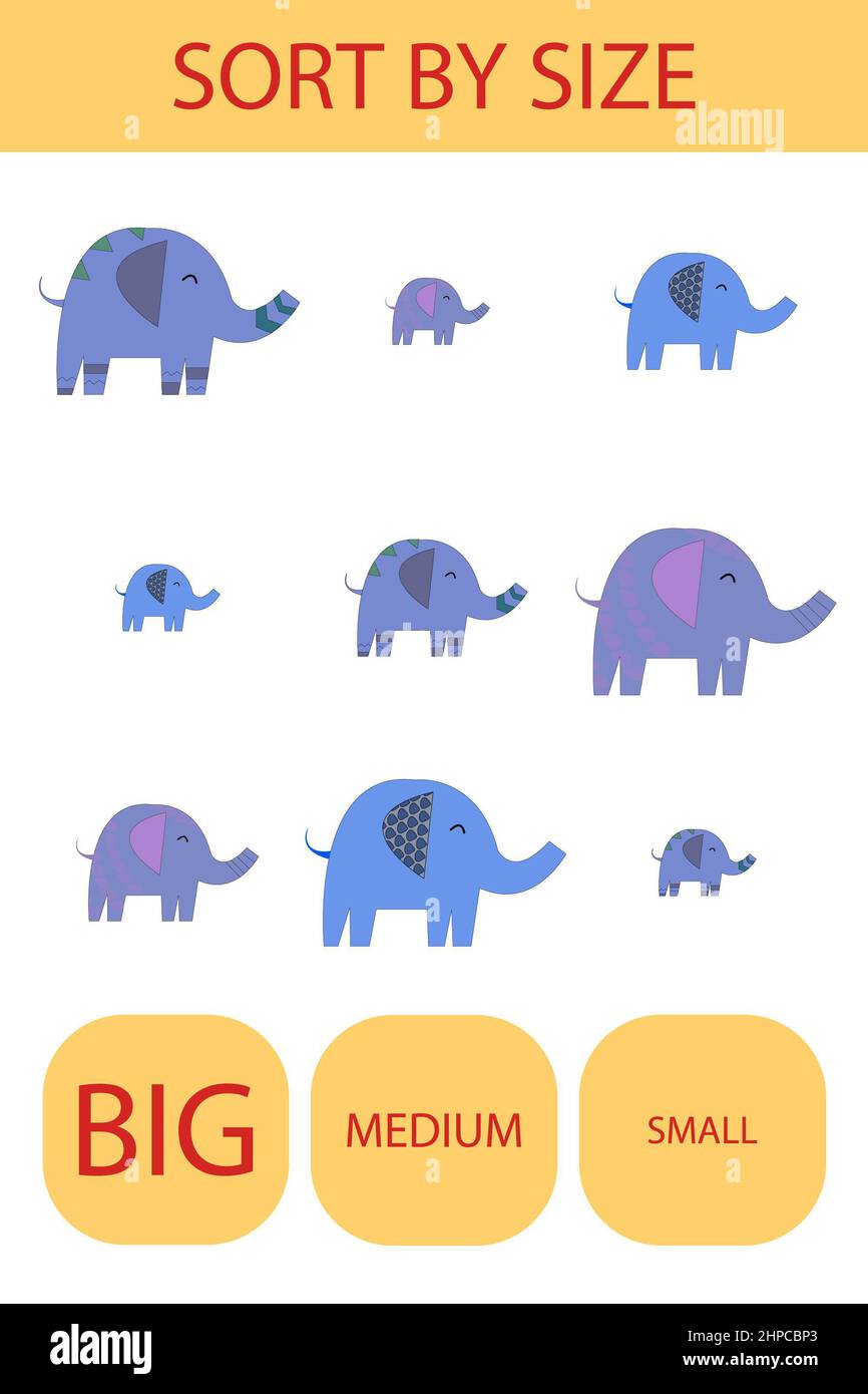 Match the animals elephants by size large, medium and small. Children's  educational game Stock Photo - Alamy