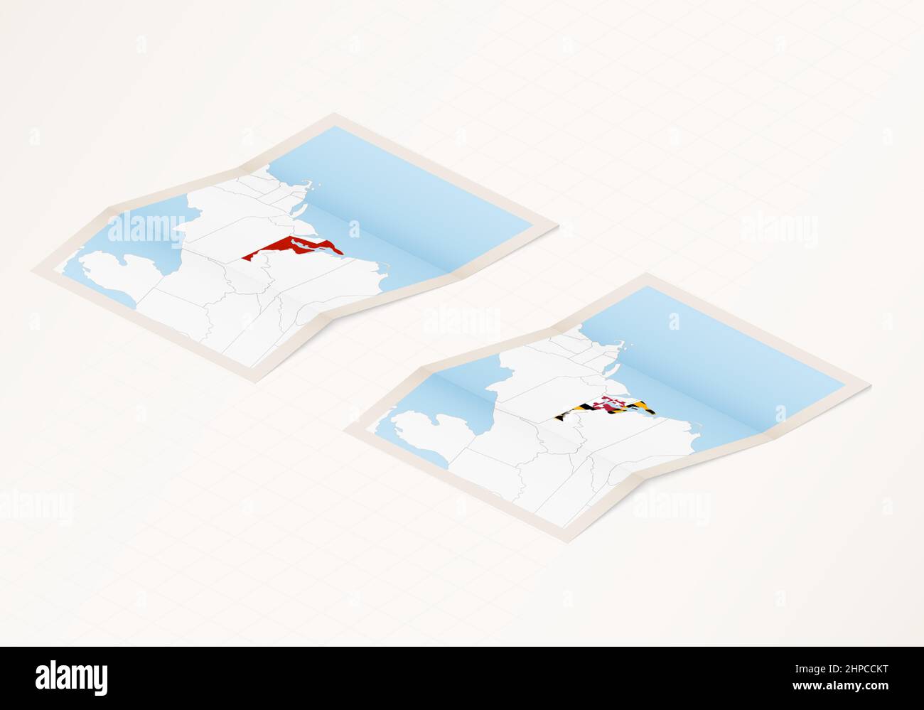 Two versions of a folded map of Maryland with the flag of the country ...