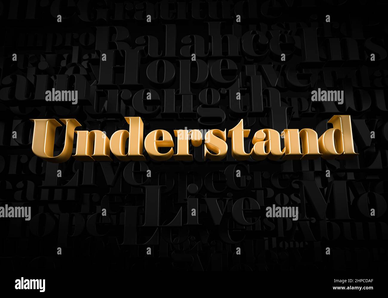 Understand - Gold text on black text background - Motivational word 3D ...