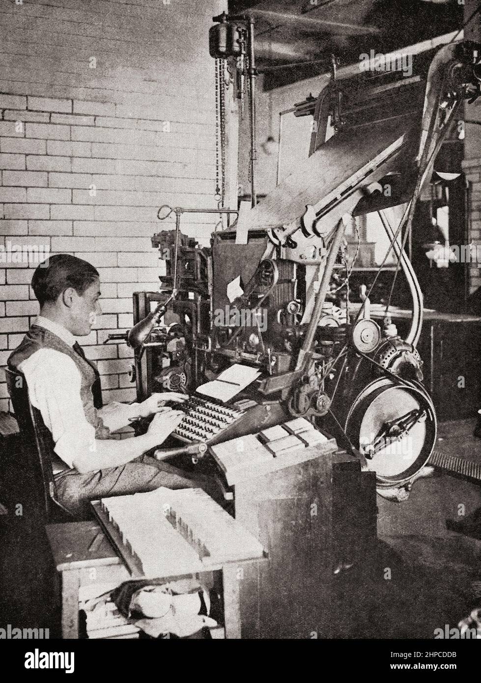 A linotype machine, a line casting machine used in printing newspapers, magazines and posters.  From The Wonder Book of Science, published 1930's. Stock Photo