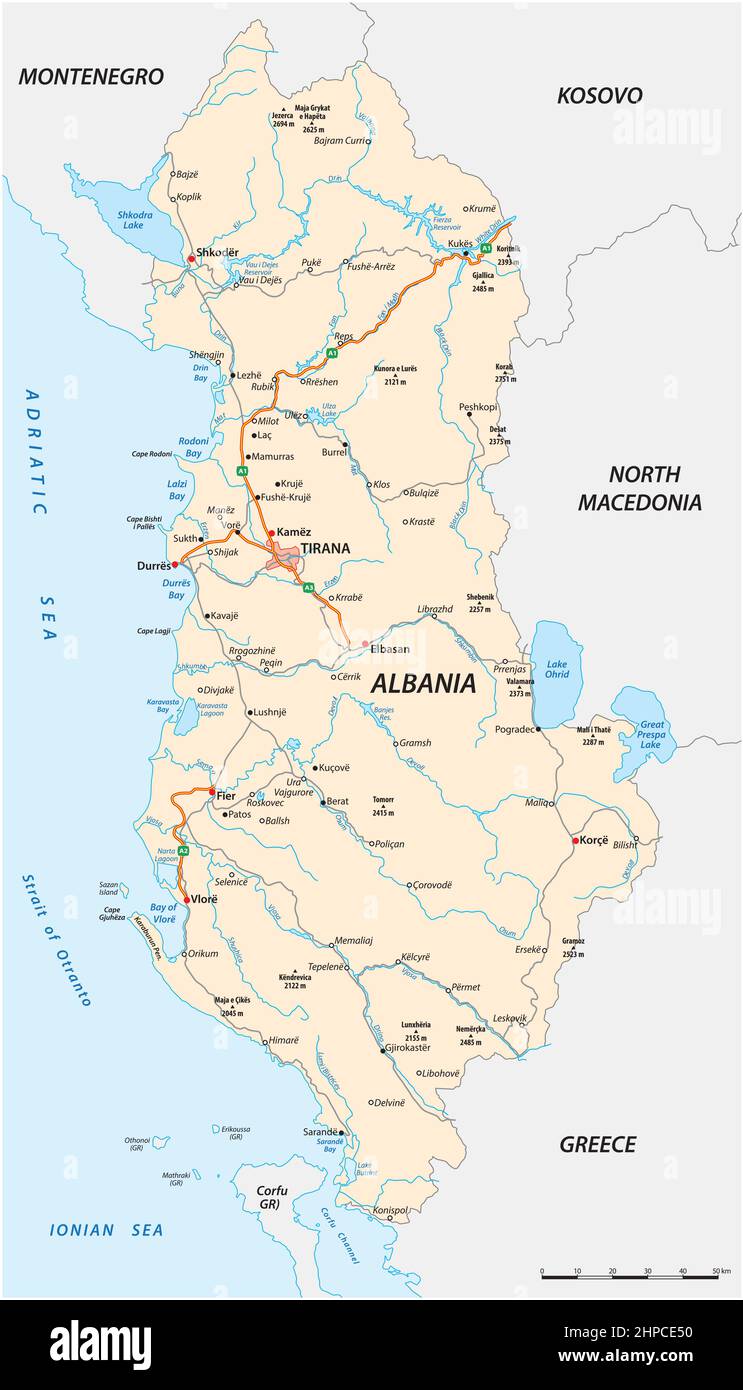 detailed vector road map of the Republic of Albania Stock Vector