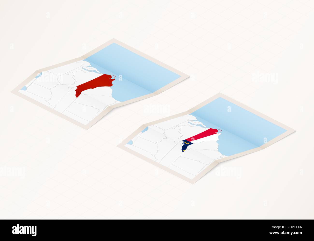 Two versions of a folded map of North Carolina with the flag of the ...
