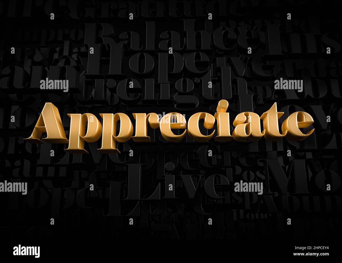 Appreciate Gold text on black text background Motivational word 3D