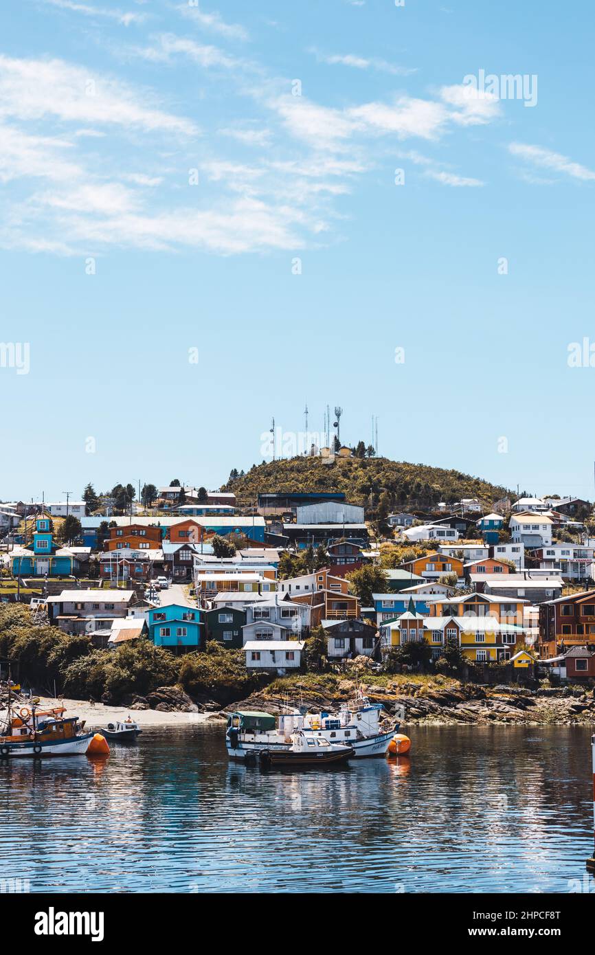 Small town on an island located in the Patagonian canals Stock Photo