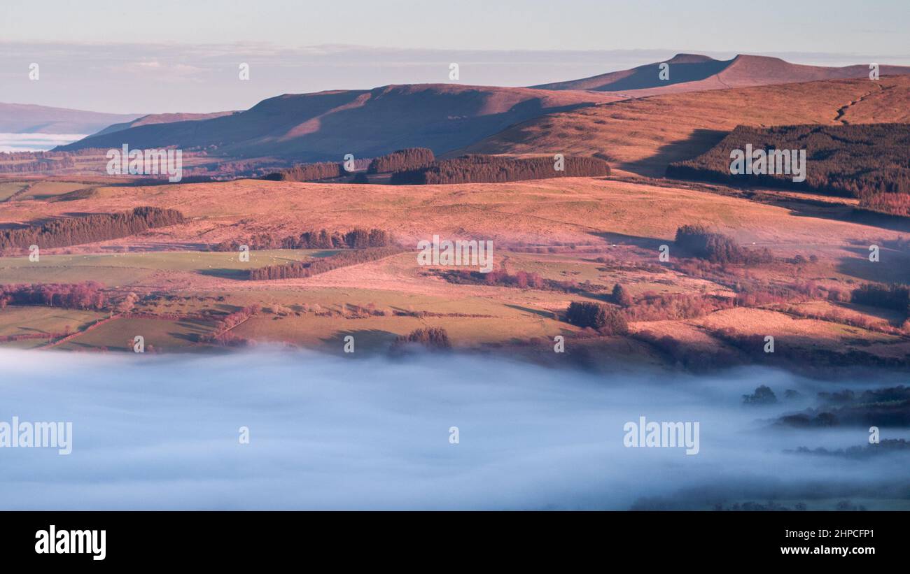 Aerial view of temperature inversion, Usk Valley and the Brecon Beacons