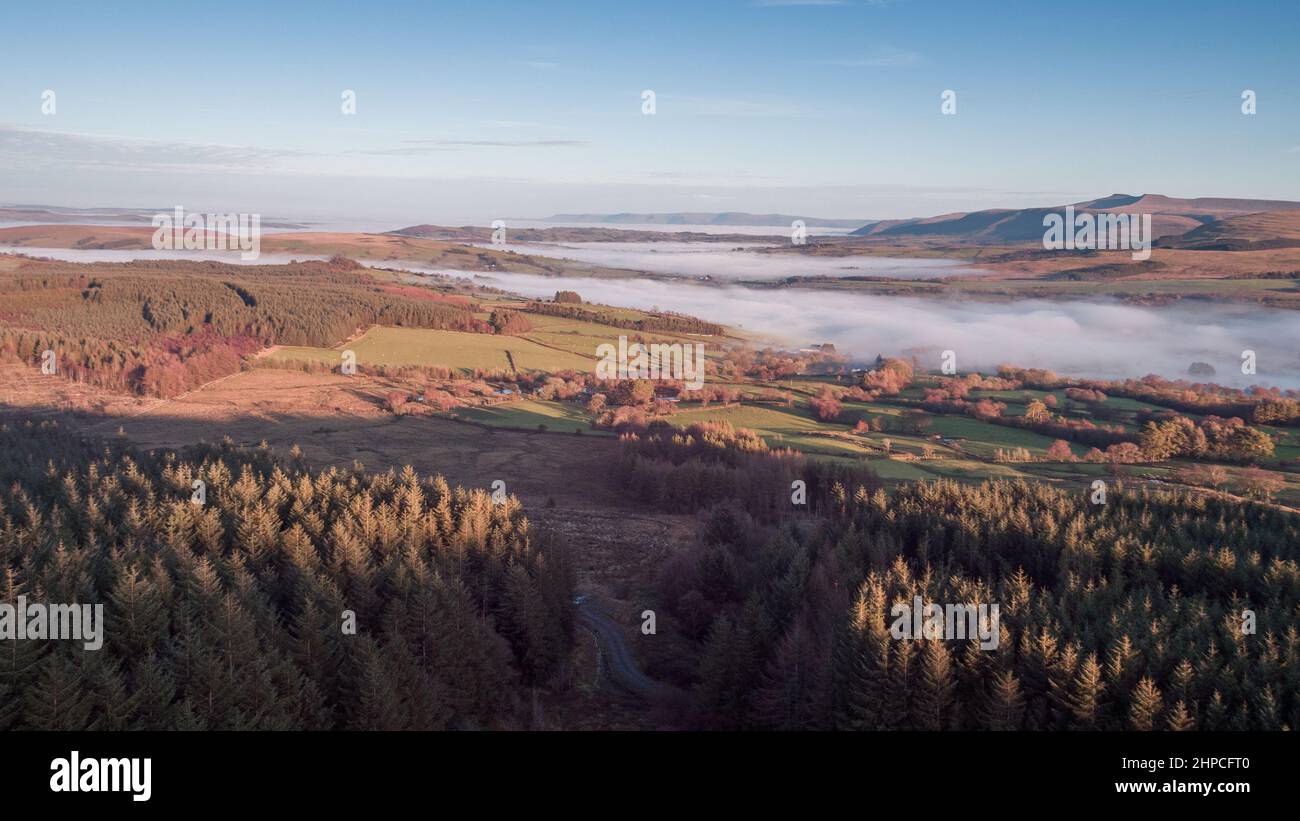 Aerial view of temperature inversion, Usk Valley and the Brecon Beacons