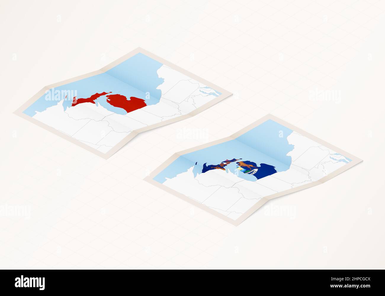 Two versions of a folded map of Michigan with the flag of the country ...