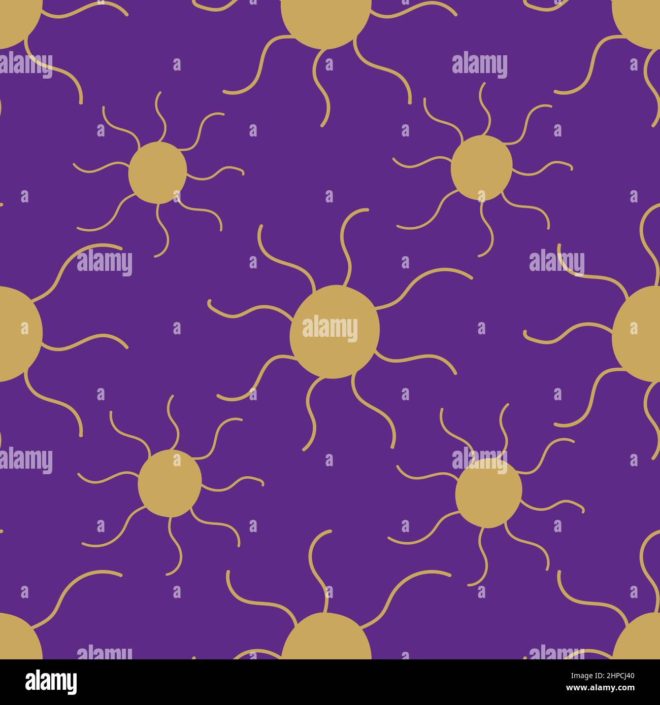 Esoteric seamless pattern with hand drawn magic gold sun on purple background. Stock Vector