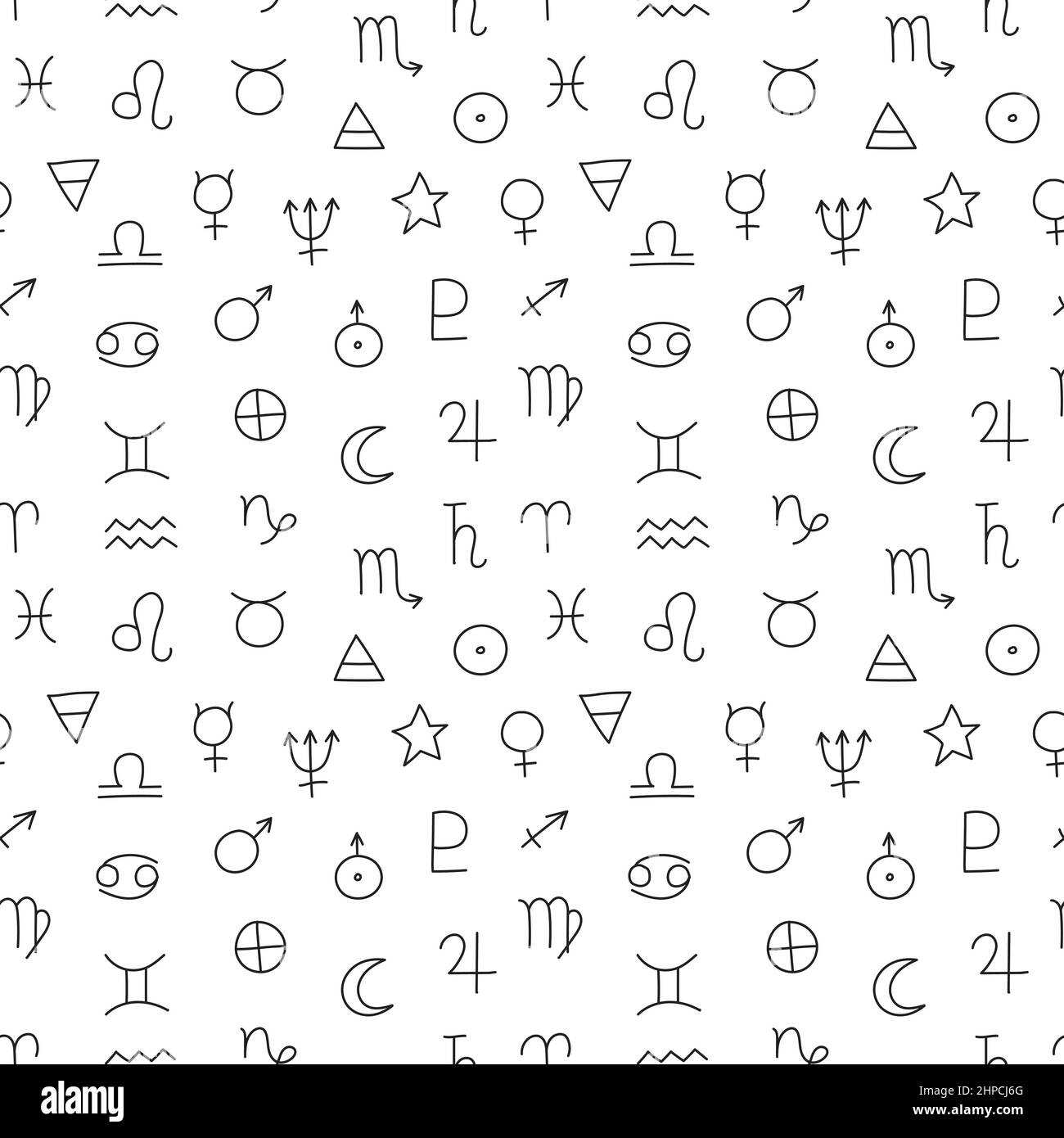 Zodiac sign seamless pattern. Black symbols on white background. Stock Vector