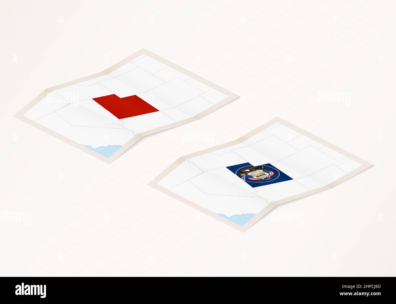 Two versions of a folded map of Utah with the flag of the country of Utah and with the red color highlighted. Set of isometric vector maps. Stock Vector