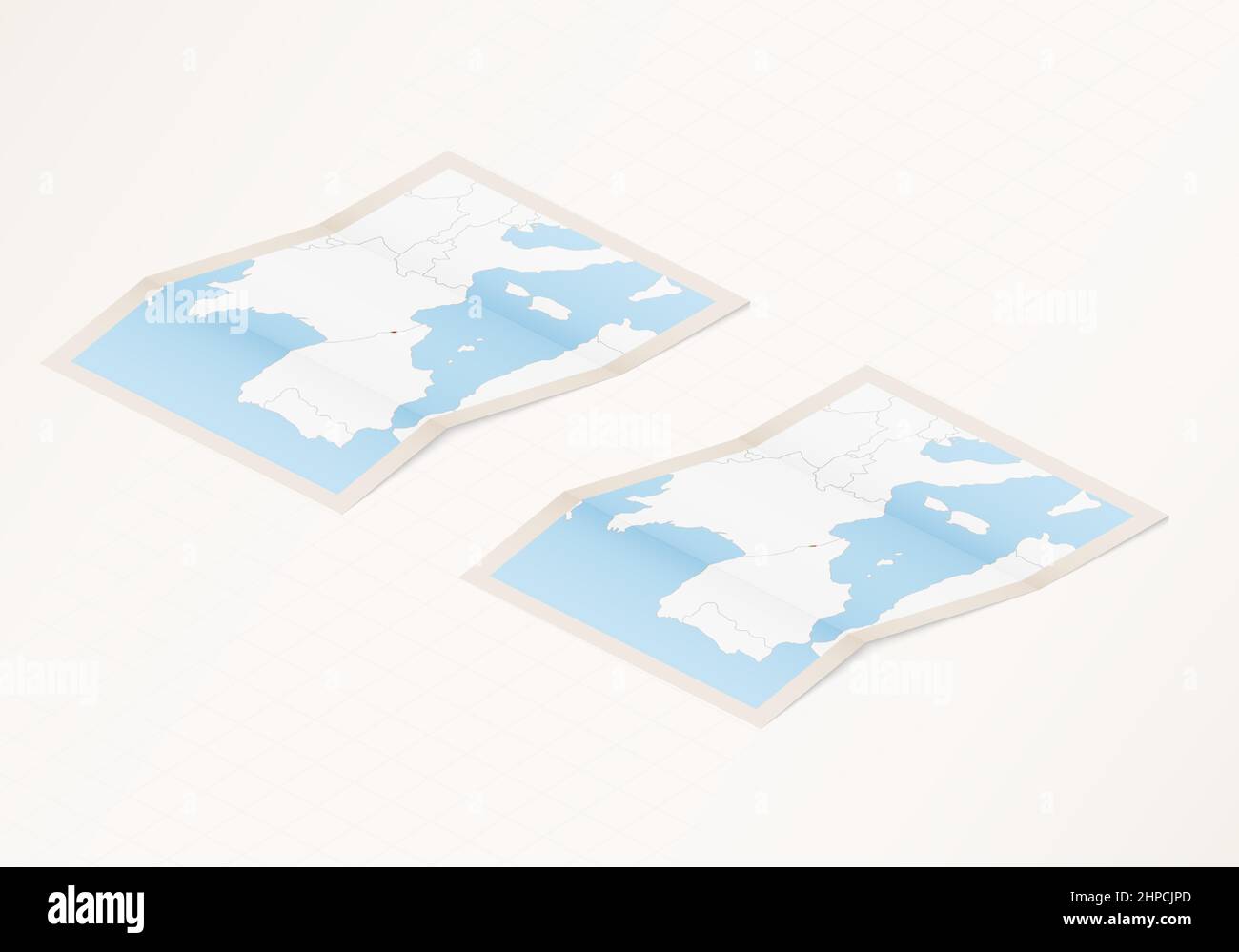 Two versions of a folded map of Andorra with the flag of the country of Andorra and with the red color highlighted. Set of isometric vector maps. Stock Vector