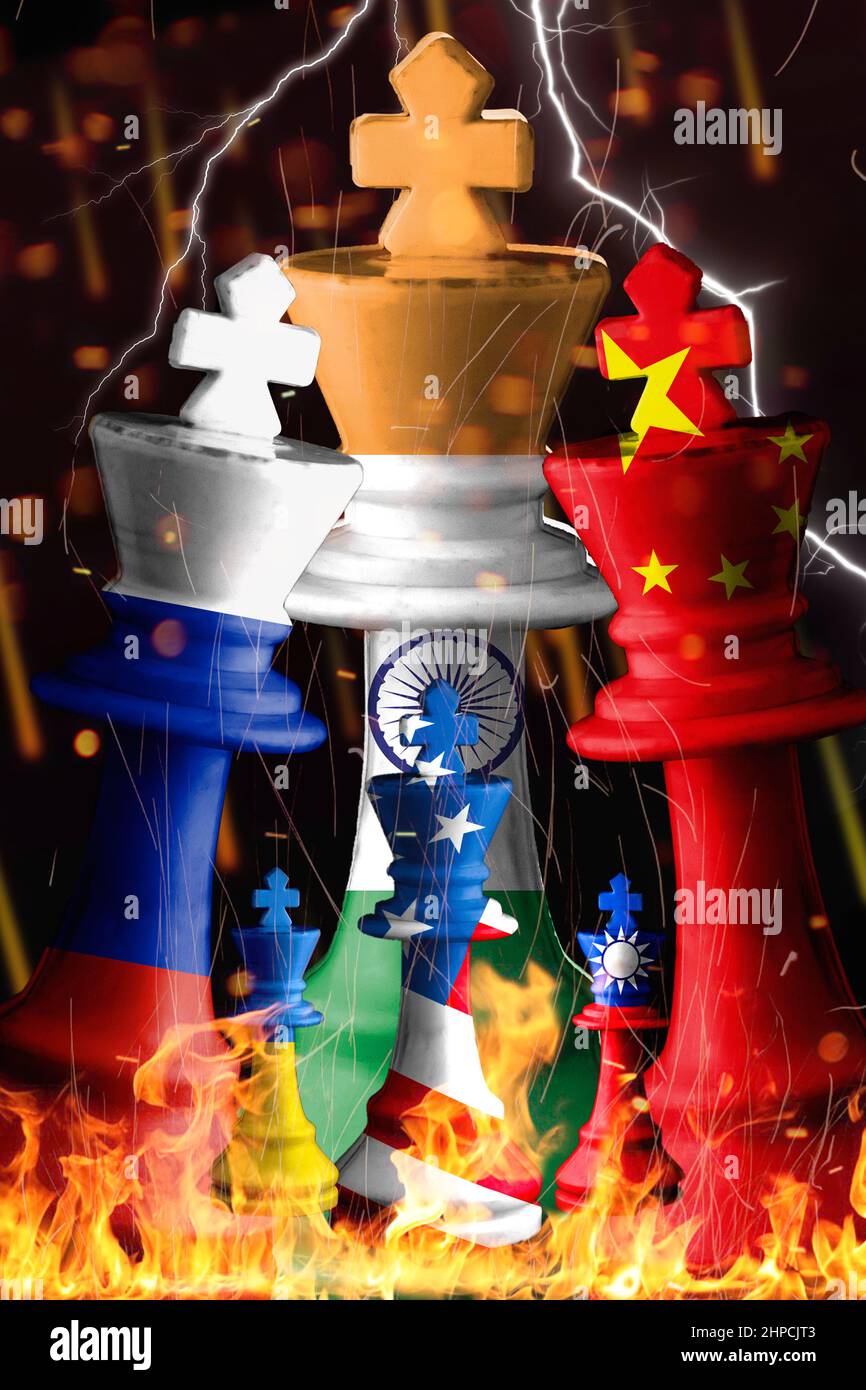 india, us, taiwan,ukraine vs russia and china flags paint over on chess king. 3D illustration. world war 3 concept. Stock Photo