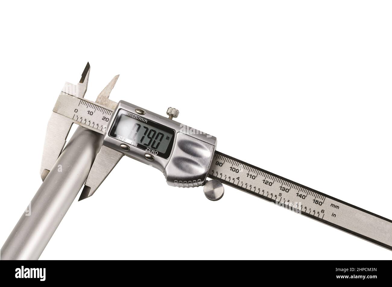 Close up view of measuring an aluminum pipe with an electronic calipers isolated on white