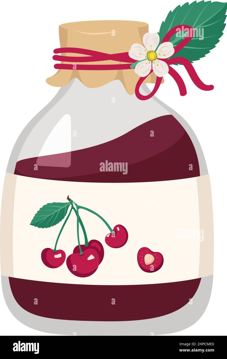 Jar of cherry jam. Sweet healthy food, delicious berry dessert. Vector flat illustration Stock Vector
