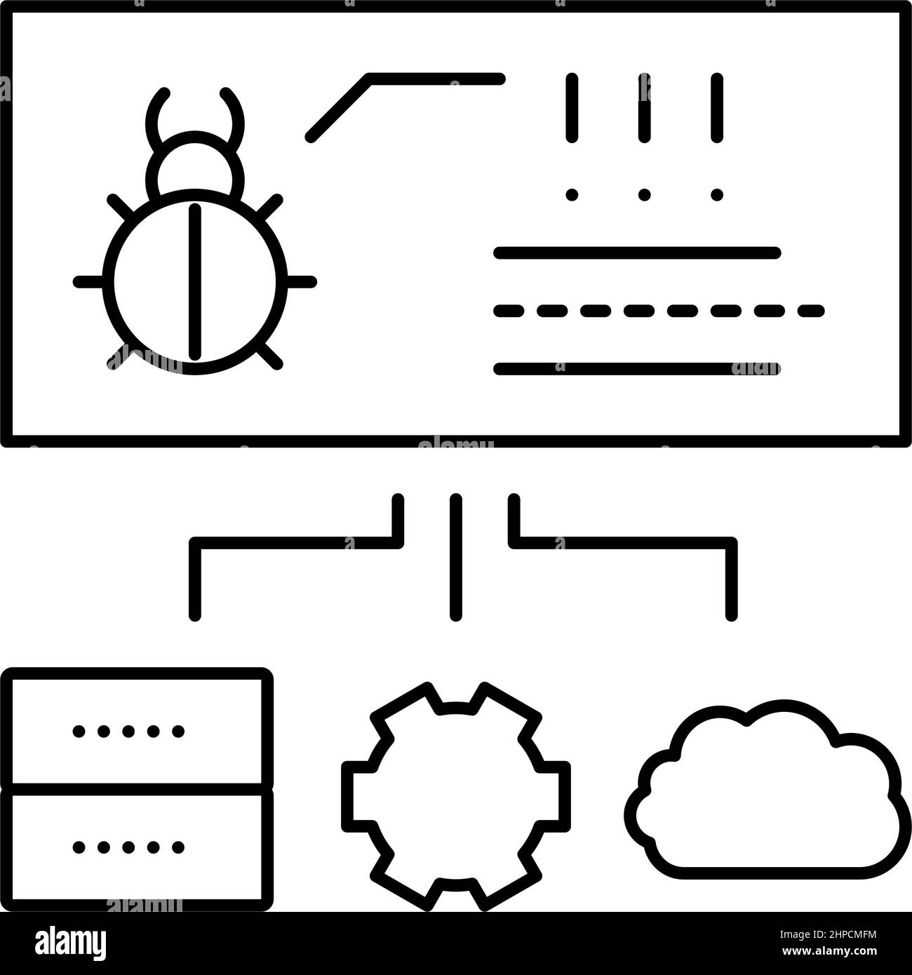 virus on server, cloud and computer components line icon vector ...