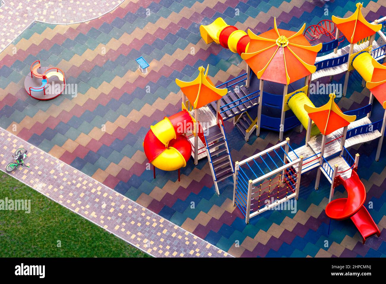 Colorful playground.on ground, court, pleasure ground. View from above Stock Photo